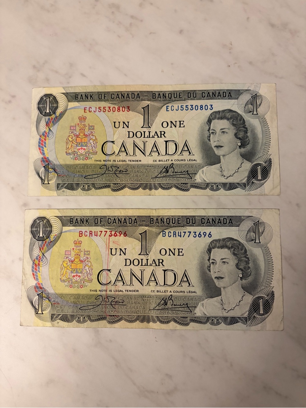 1973 pair Vintage Canada one dollar Bills